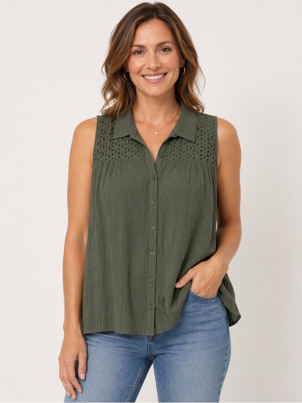 Pale Sky Olive Green Sleeveless Button-Front Shirt with Eyelet Yoke